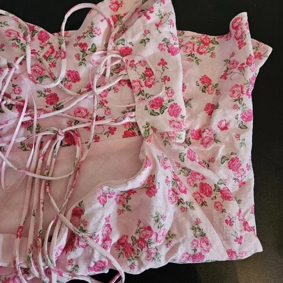 Zara Bloggers Favorite Pink Floral Lace Up Cutout Strappy Linen Blend Mini Dress - Picture 11 of 15